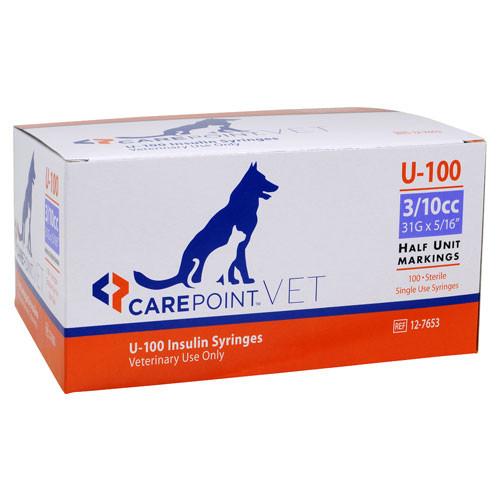 CarePoint Vet U-100 Pet Insulin Syringes - 31G 3/10cc 5/16" - Half Unit Markings - 100/bx