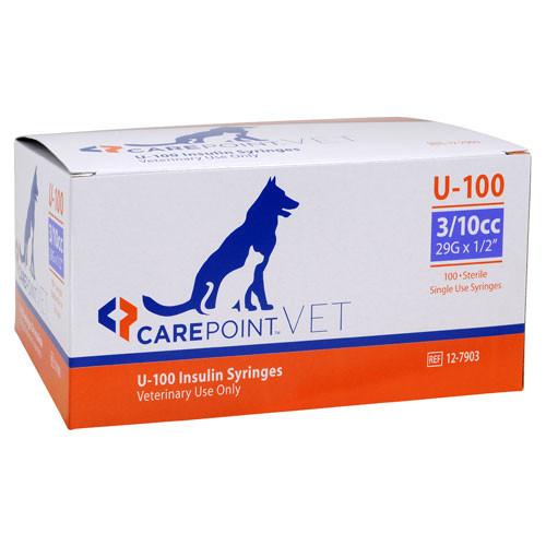 CarePoint Vet U-100 Pet Insulin Syringes - 29G 3/10cc 1/2" - 100/bx