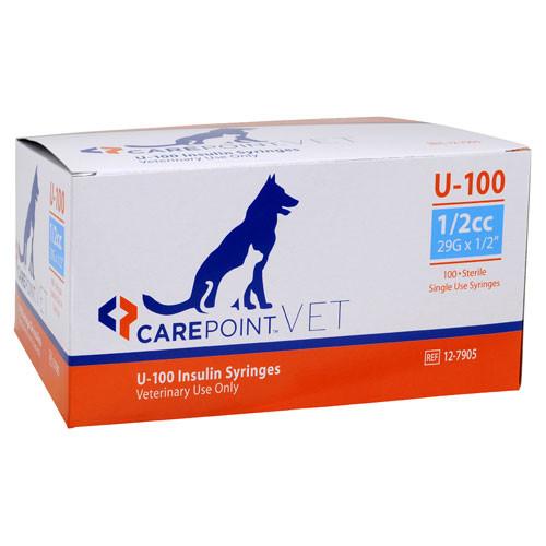 CarePoint Vet U-100 Pet Insulin Syringes - 29G 1/2cc 1/2" - 100/bx