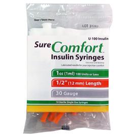 SureComfort U-100 Insulin Syringes - 30G 1cc 1/2" - Polybag of 10 Ct - Total Diabetes Supply
