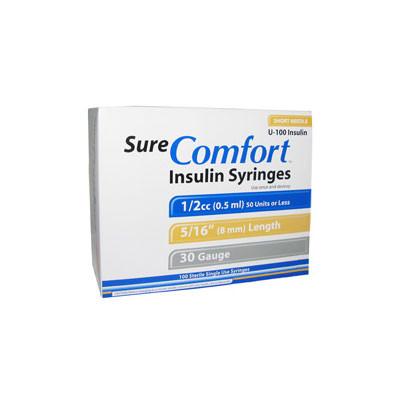 SureComfort U-100 Insulin Syringes - 30G 1/2cc 5/16" - BX 100 - Total Diabetes Supply
 - 2