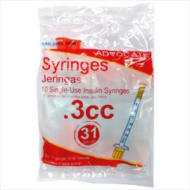 Advocate Insulin Syringes - 31G 3/10cc 5/16" - Polybag of 10 Ct