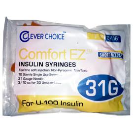 Clever Choice Comfort EZ Insulin Syringes - 31G U-100 1 cc 5/16" - Polybag of 10 Ct - Total Diabetes Supply
