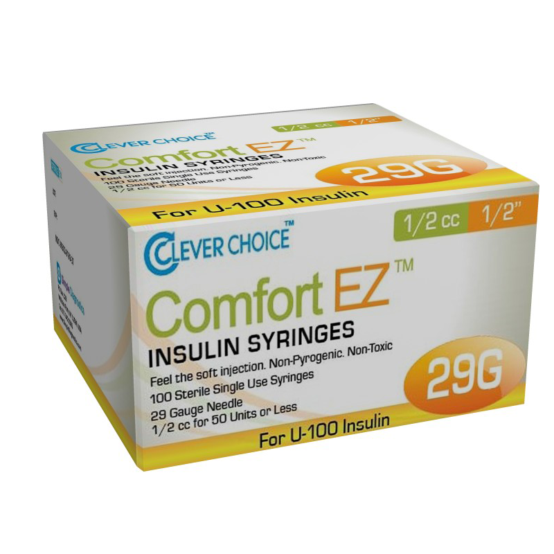 Clever Choice Comfort EZ Insulin Syringes - 29G U-100 1/2 cc 1/2" - BX 100