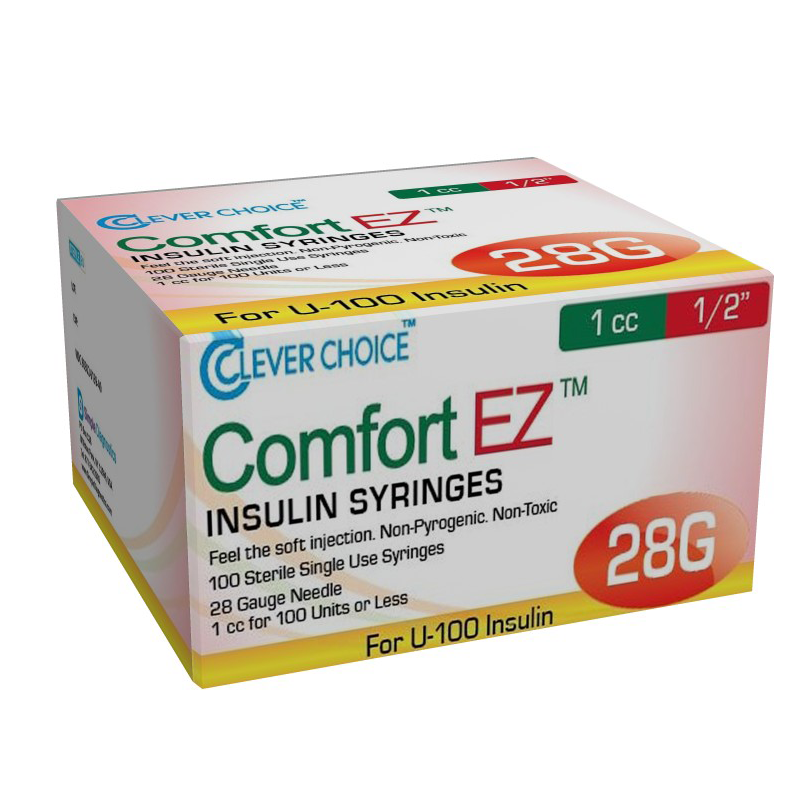 Clever Choice Comfort EZ Insulin Syringes - 28G U-100 1 cc 1/2" - BX 100