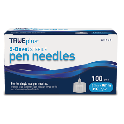 TRUEplus 5-Bevel Pen Needles 31G x 8mm (5/16") - 100/bx