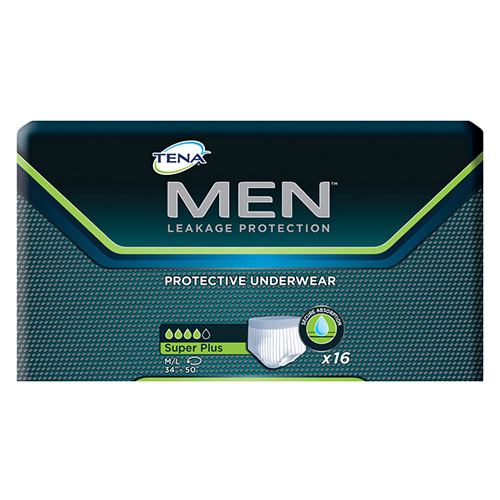 TENA Men Super Plus Absorbency Protective Underwear, Medium/Large 34" to 50" Waist Size - One pkg of 16 each