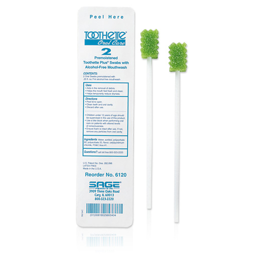 Sage Products Toothette Plus Swab with Alcohol-free Mouthwash, Distinct Ridges - Packet of 2 Swabs