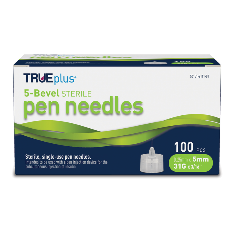 TRUEplus 5-Bevel Pen Needles 31G x 5mm (3/16") - 100/bx