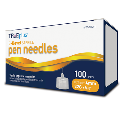 TRUEplus 5-Bevel Pen Needles 32G x 4mm (5/32") - 100/bx