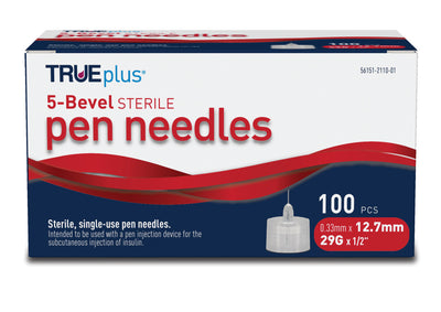 TRUEplus 5-Bevel Pen Needles 29G x 12.7mm (1/2") - 100/bx