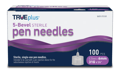 TRUEplus 5-Bevel Pen Needles 31G x 6mm (1/4") - 100/bx