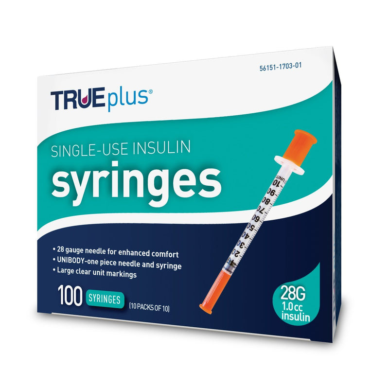 TRUEplus Insulin Syringes - 28G 1cc 1/2" - BX 100