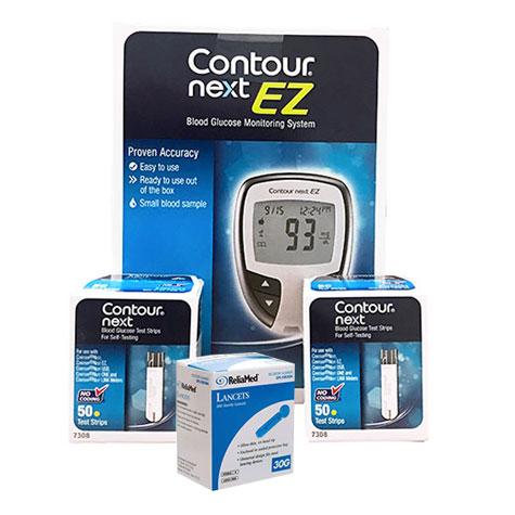 Bayer Contour Next EZ Meter Kit Combo (Meter Kit, Test Strips 100ct and Reliamed Safety Seal Lancets 100ct)