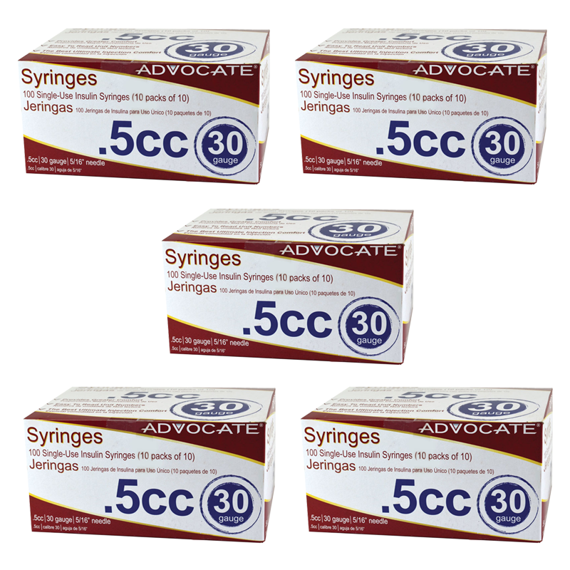 Case of 5 Advocate Insulin Syringes - 30G 1/2cc 5/16"- BX 100