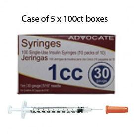 Case of 5 Advocate Insulin Syringes - 30G 1cc 5/16"- BX 100 - Total Diabetes Supply
