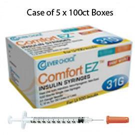 Case of 5 Clever Choice Comfort EZ Insulin Syringes - 31G U-100 3/10 cc 5/16" - BX 100 - Total Diabetes Supply
