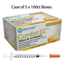 Case of 5 Clever Choice Comfort EZ Insulin Syringes - 29G U-100 1/2 cc 1/2" - BX 100 - Total Diabetes Supply
