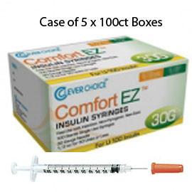 Case of 5 Clever Choice Comfort EZ Insulin Syringes - 30G U-100 1/2 cc 5/16" - BX 100 - Total Diabetes Supply
