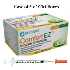 Case of 5 Clever Choice Comfort EZ Insulin Syringes - 30G U-100 3/10 cc 5/16" - BX 100 - Total Diabetes Supply
