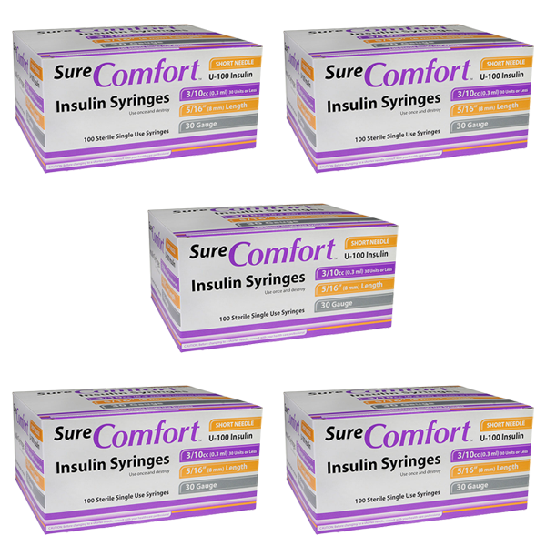 SureComfort U-100 Insulin Syringes - 30G 3/10cc 5/16" 100/bx - Case of 5