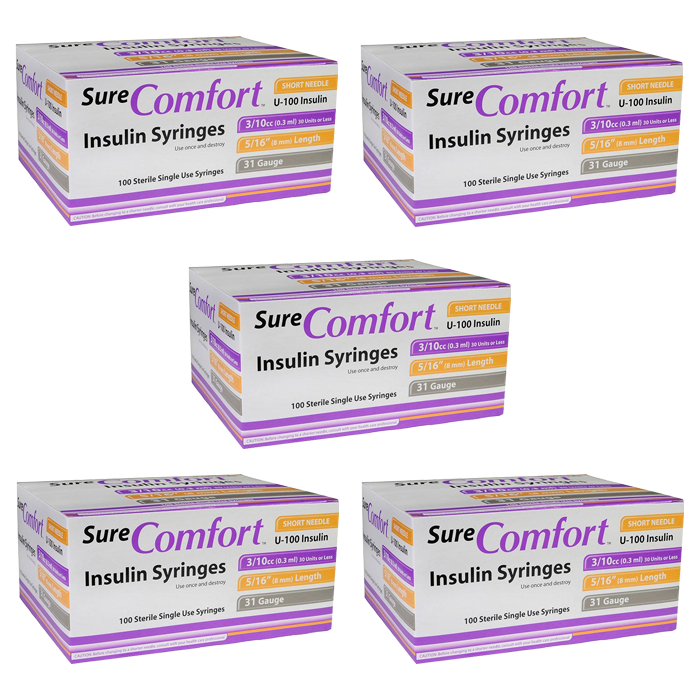 SureComfort U-100 Insulin Syringes Short Needle 31g 3/10cc 5/16in 100/bx - Case of 5