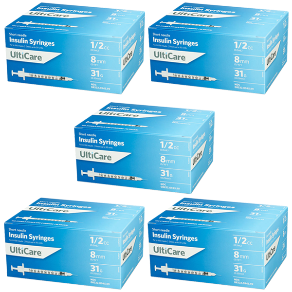 UltiCare Ulti-Fine II U-100 Insulin Syringes Short Needle 31g 1/2cc 5/16in 100/bx Case of 5