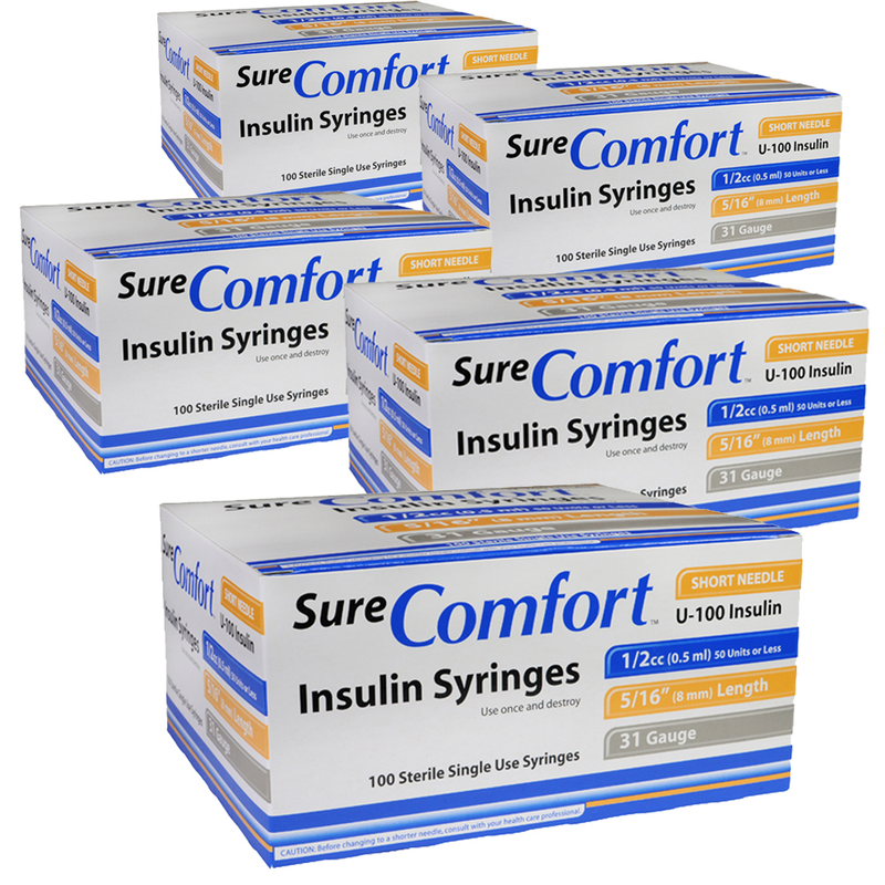 SureComfort U-100 Insulin Syringes Short Needle 31g 1/2cc 5/16in 100/bx Case of 5