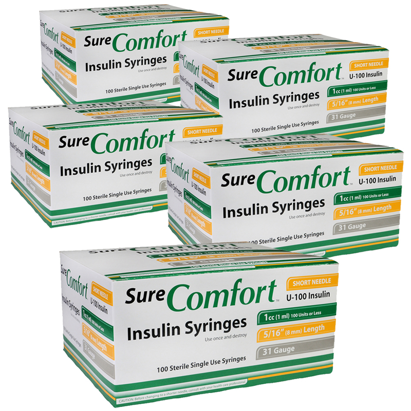 SureComfort U-100 Insulin Syringes Short Needle 31g 1cc 5/16in 100/bx Case of 5