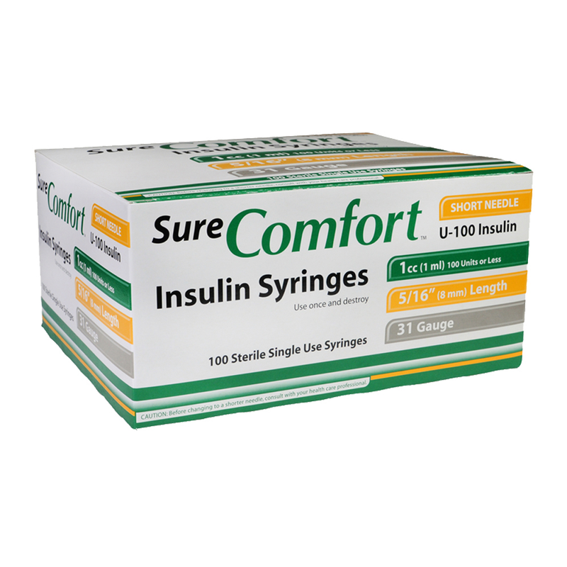 SureComfort U-100 Insulin Syringes Short Needle - 31G 1cc 5/16" - BX 100