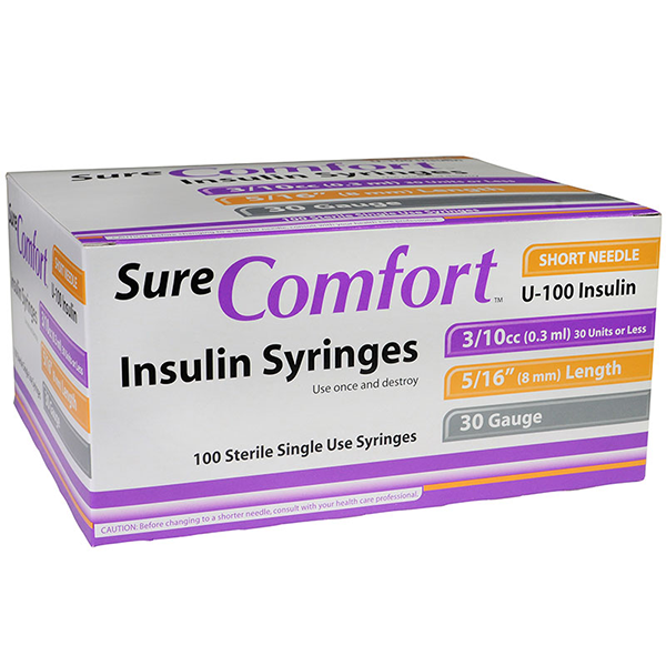 SureComfort U-100 Insulin Syringes - 30G 3/10cc 5/16" - BX 100