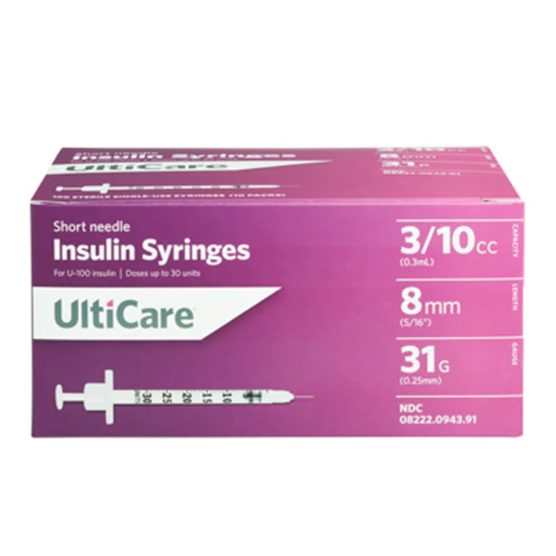 UltiCare Ulti-Fine II U-100 Insulin Syringes - Short Needle - 31G 3/10 cc 5/16" - BX 100